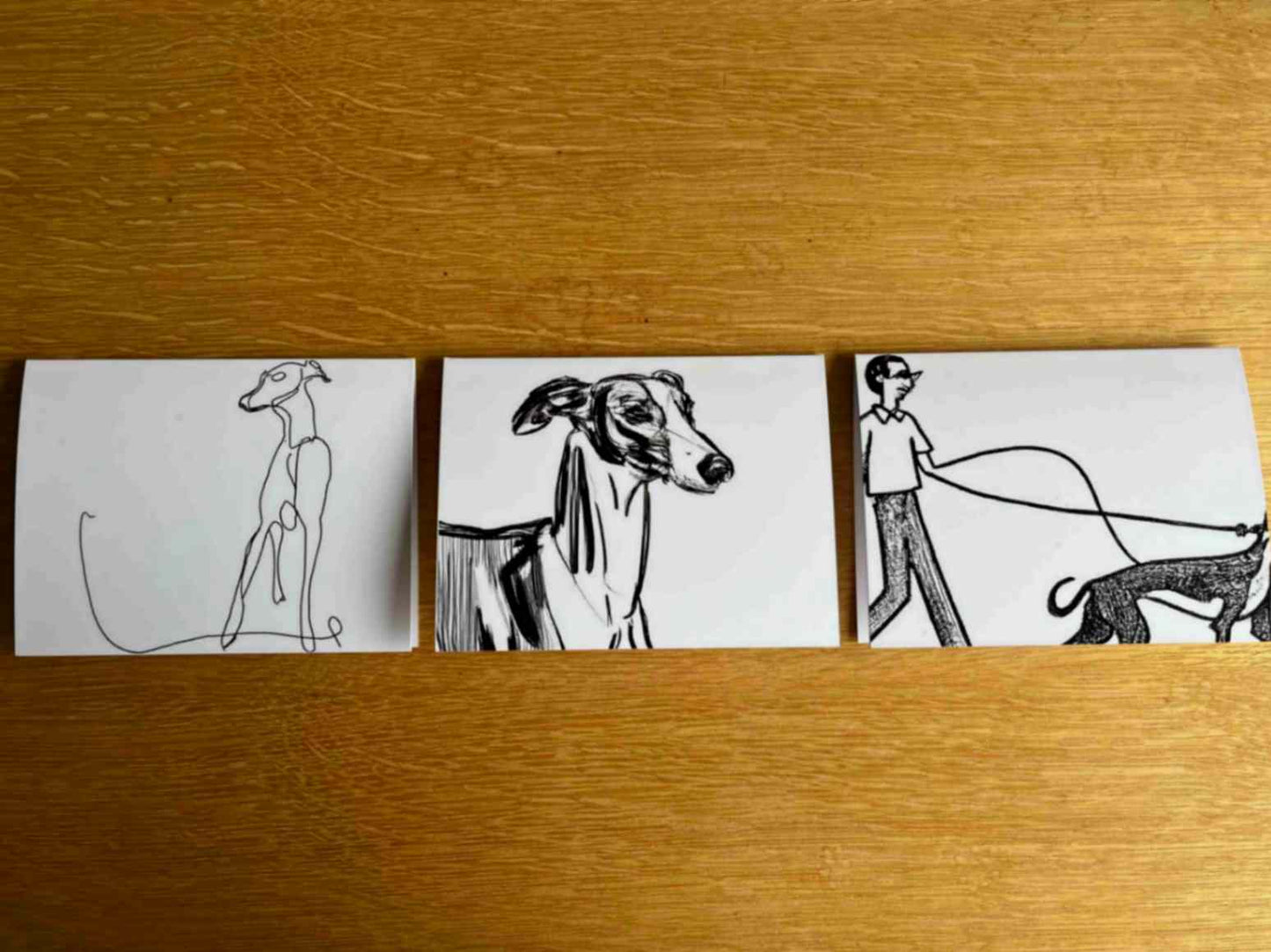 Three greeting cards of greyhounds and whippets